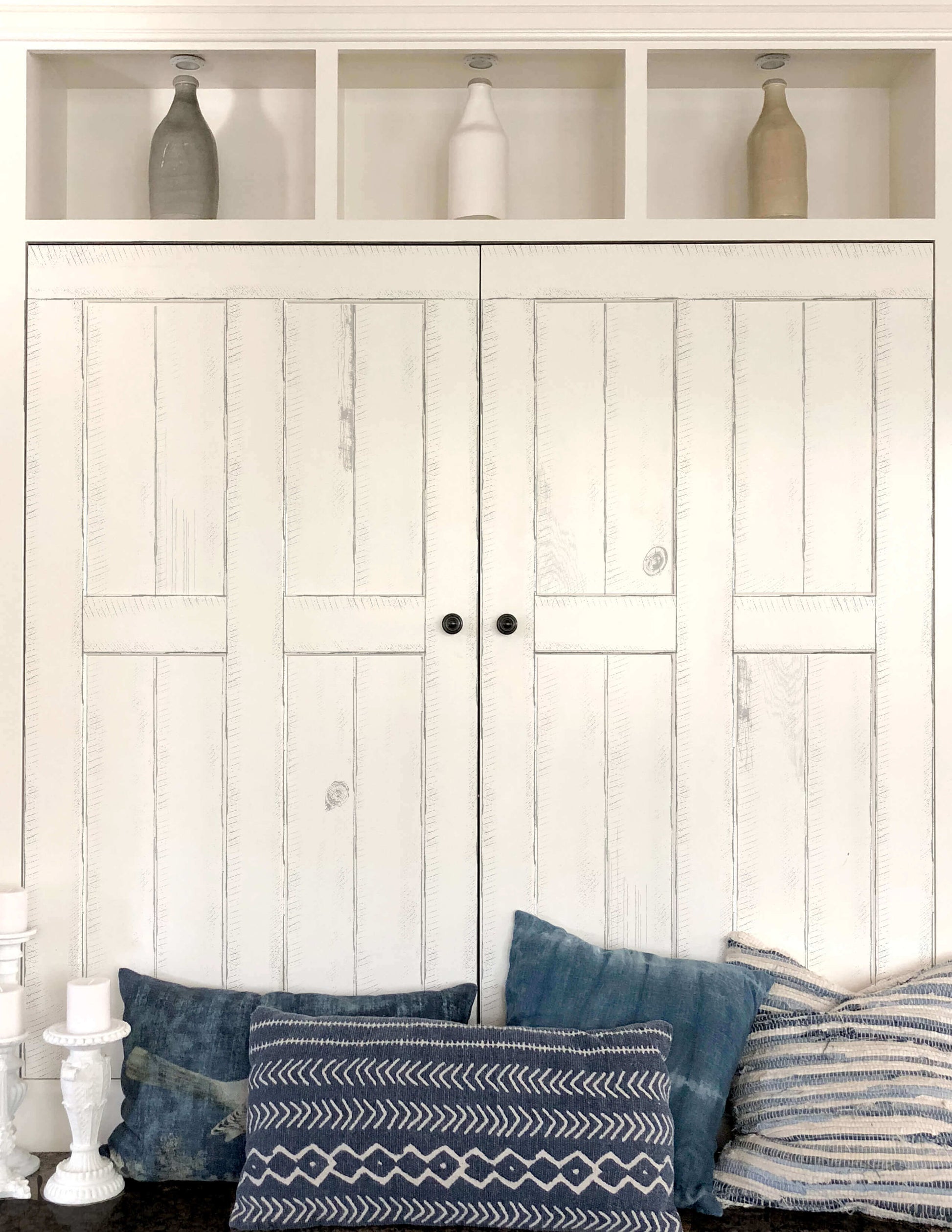 Cream doors decorated with IOD Barnwood Planks stamp creating a wooden effect