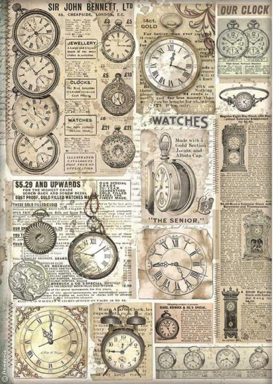 Brocante Antiques Clocks - Stamperia - Rice Paper A4