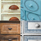 Iron Orchid Designs Adornment stamp on painted and unpainted furniture showing circular details around handles and front of drawers