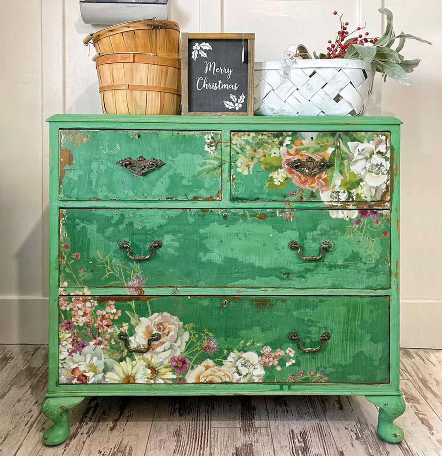 Green chest of drawers decorated with Iron Orchid Designs Elysium Floral Transfer 