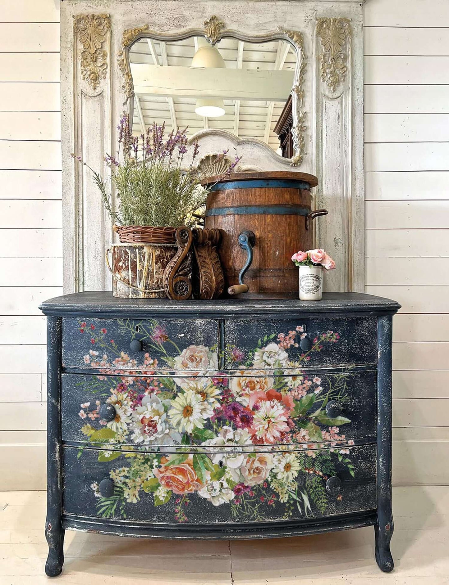 Dark blue chest of drawers decorated with Iron Orchid Designs Elysium Floral Transfer