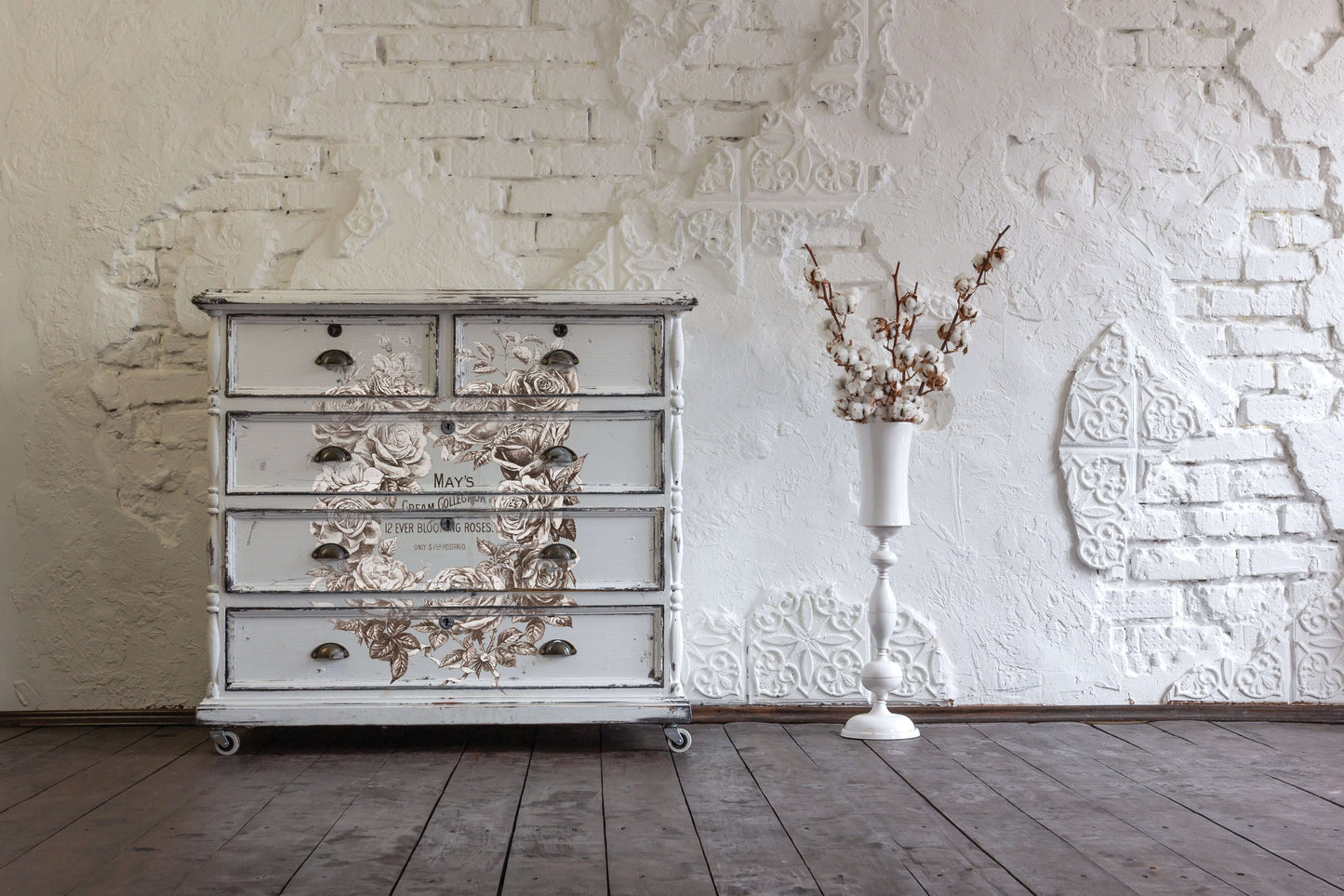 Small light coloured drawers decorated with Iron Orchid Designs May's Roses Transfer