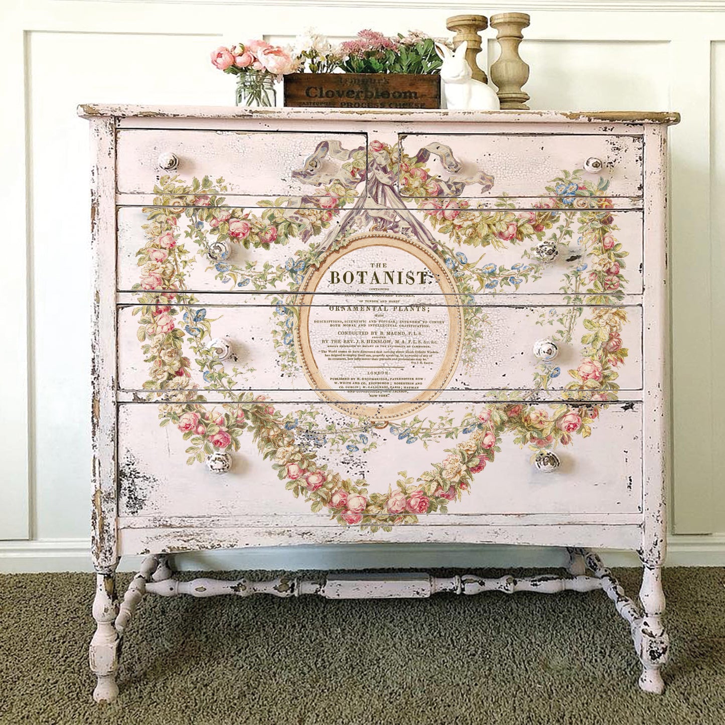 White elegant chest of drawers decorated with Iron Orchid Designs The Botanist Transfer 