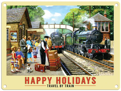 Happy Holiday by Train Metal Sign