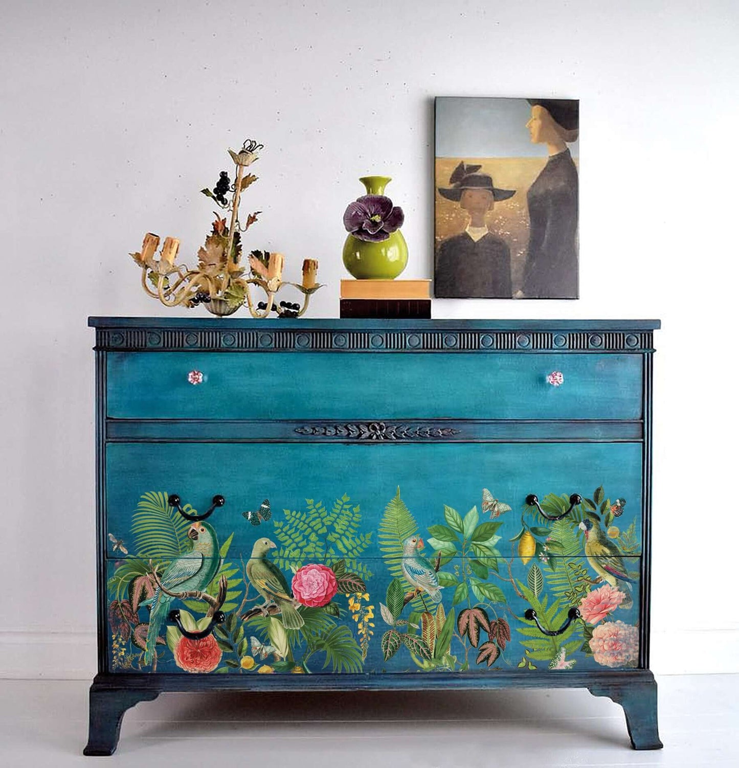 Turquoise cupboard decorated along the bottom half with animals from Iron Orchid Designs Bungalow transfer