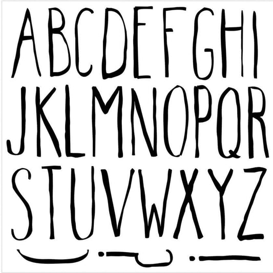 Long, slim letters from A to Z on Iron Orchid Designs Farmhand Typography stamp 12" x 12"