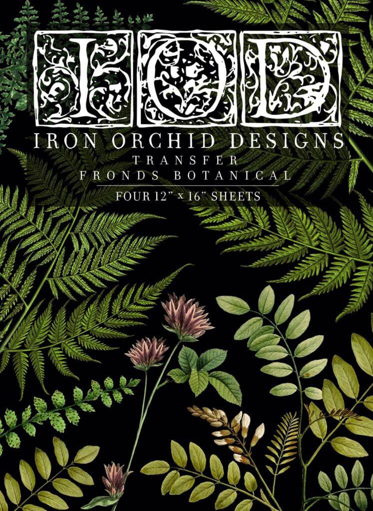 An assortment of ferns in different shades of green on Iron Orchid Designs Fronds Botanical transfer front of packet