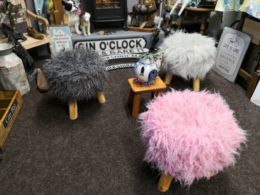 Fluffy Foot Stool - White/Light Grey