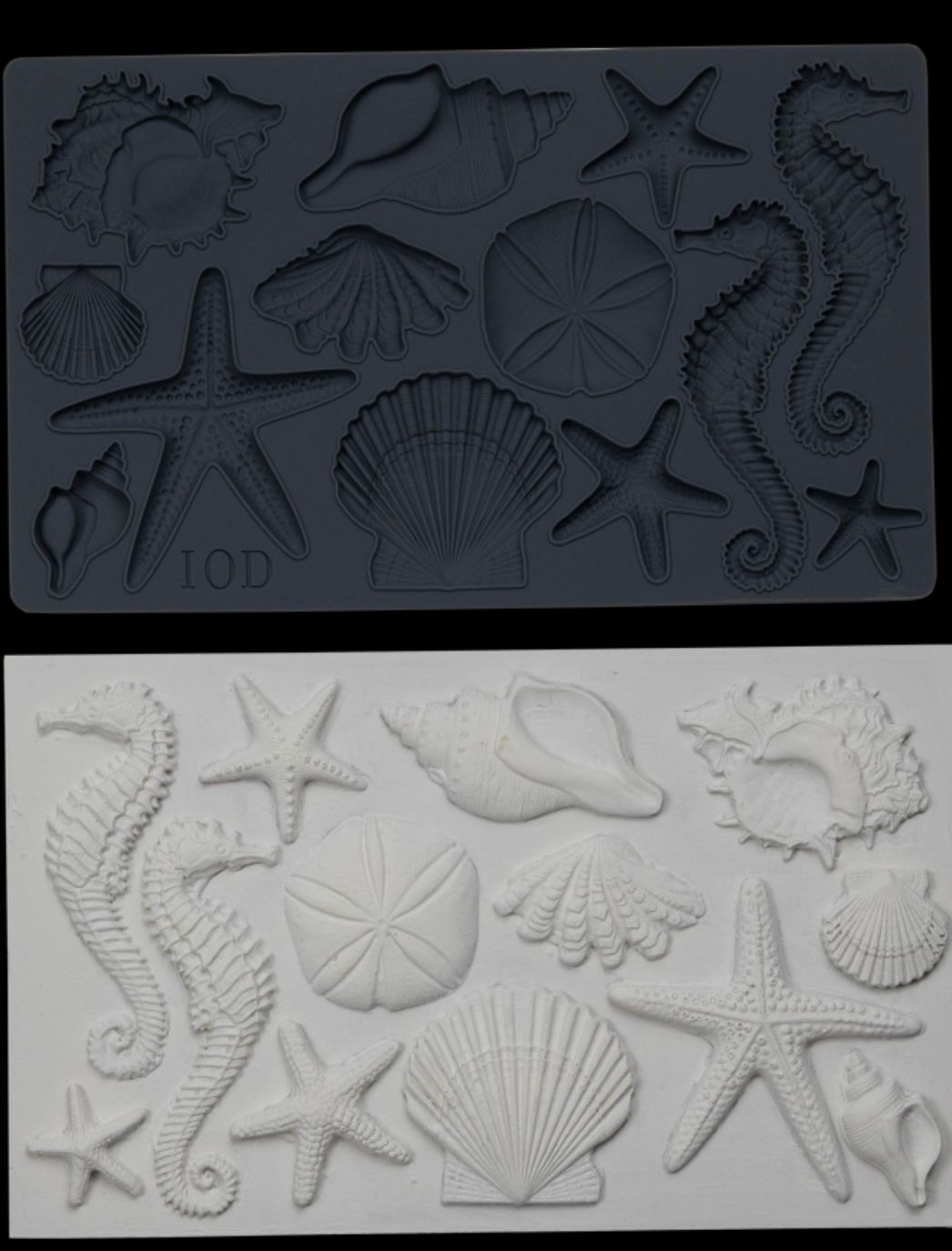 Iron Orchid Designs Seashells grey Mould above white clay castings of the mould