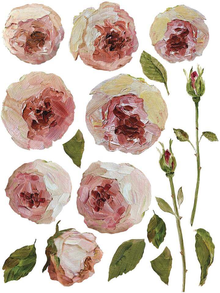 Pink roses and leaves from Iron Orchid Designs Painterly Florals Transfer on a white background