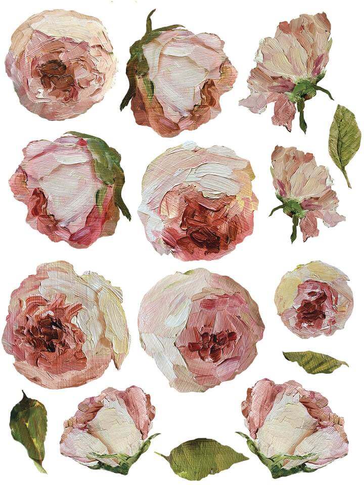 Pink roses and leaves from Iron Orchid Designs Painterly Florals Transfer on a white background