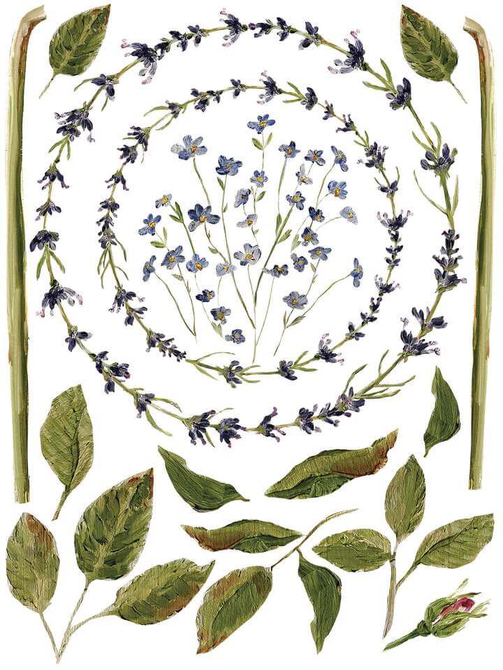 Circles of lavender, leaves and stems from Iron Orchid Designs Painterly Florals Transfer on a white background