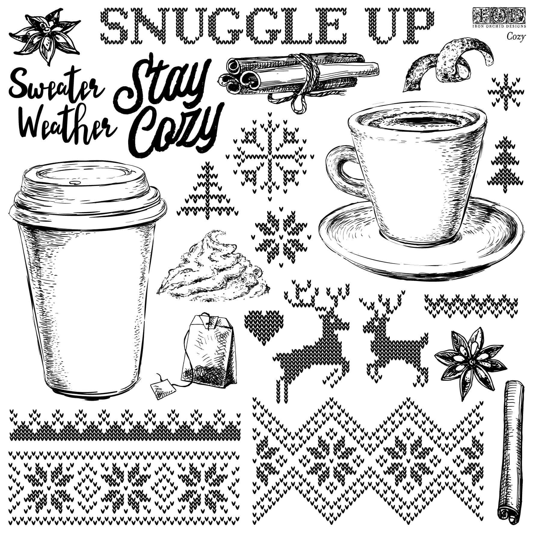 Hot chocolate, fairisle knit, reindeers, hygge inspired Iron Orchid Designs 12" x 12" Cozy Stamp