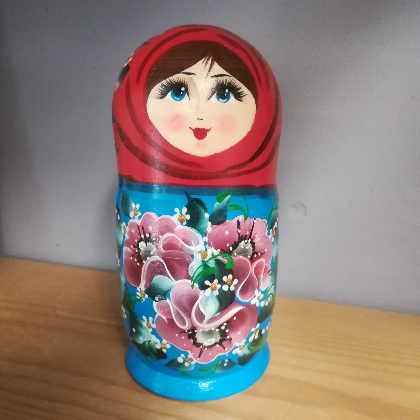 Large Matryoshka Russian Doll Red & Blue with Pink Flowers