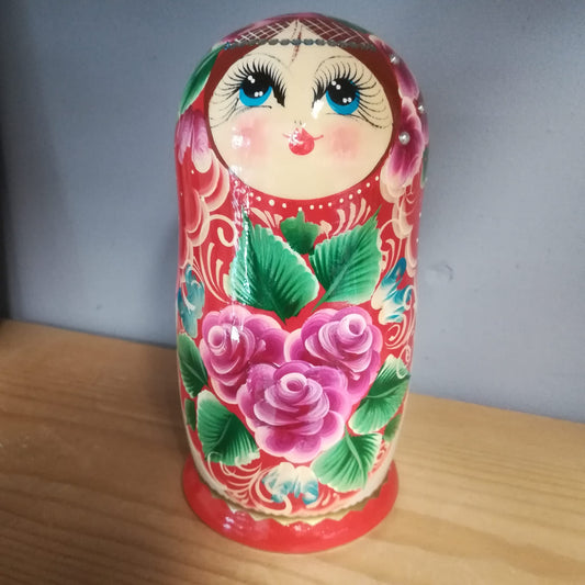 Large Matryoshka Russian Doll Red with Pink Flowers