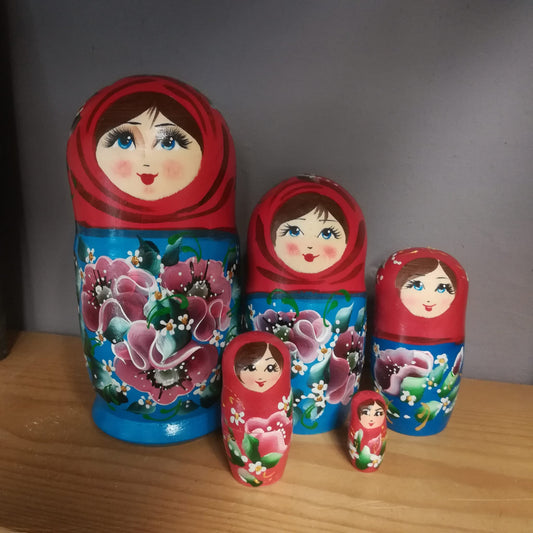 Large Matryoshka Russian Doll Red & Blue with Pink Flowers