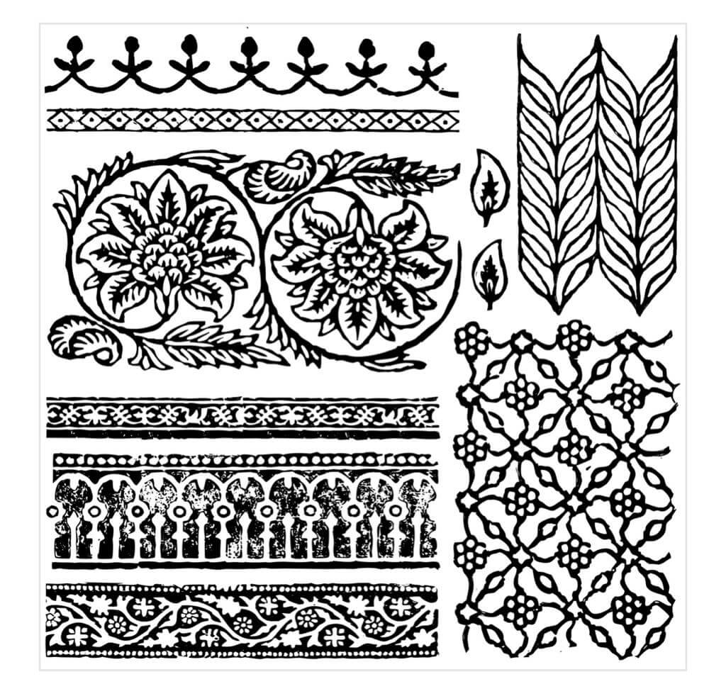 Flourishes of zig zag and circular patterns on Iron Orchid Designs 12" x 12" Bohemia Stamp