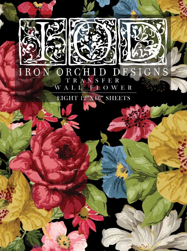 Brightly coloured big flowers on the cover of Iron Orchid Designs Wallflower Transfer front of packet