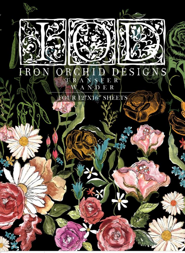 Brightly coloured big flowers on the cover of Iron Orchid Designs Wander Transfer front of packet