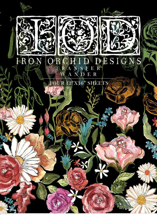 Brightly coloured big flowers on the cover of Iron Orchid Designs Wander Transfer front of packet